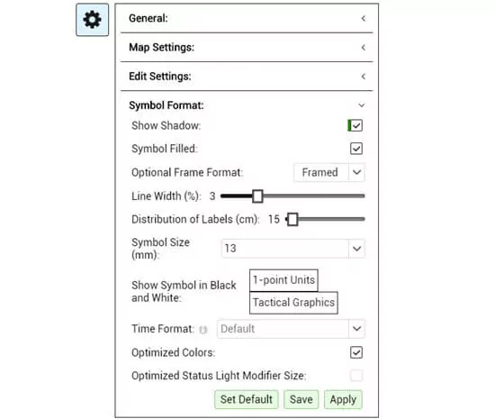 Options de symbologie militaire dans www.map.army