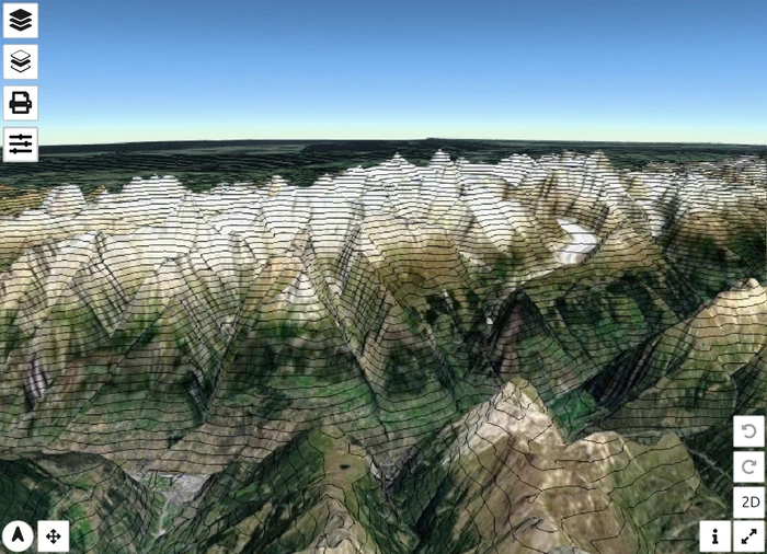 Alpes bernoises dans la vue 3D de map.army avec Exagération 2 et lignes de contour tracées tous les 200 m