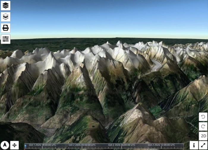 La même vue alpine avec Simulation de la lumière du soleil activée et la chronologie en bas de la carte