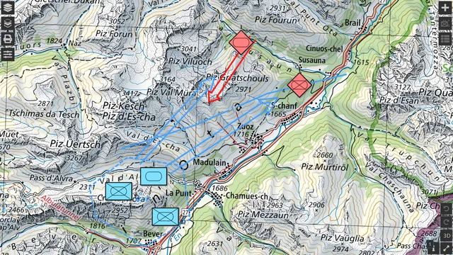 Von KI erzeugter fiktiver Übungs-Layer in map.army: blaue Kompanien, Angriffspfeile, rote Kräfte