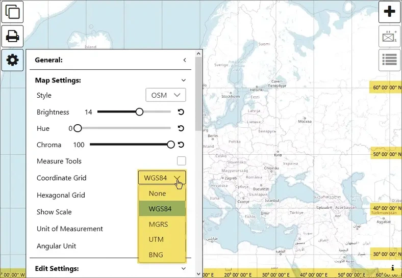 Display of Coordinate Grids in map.army