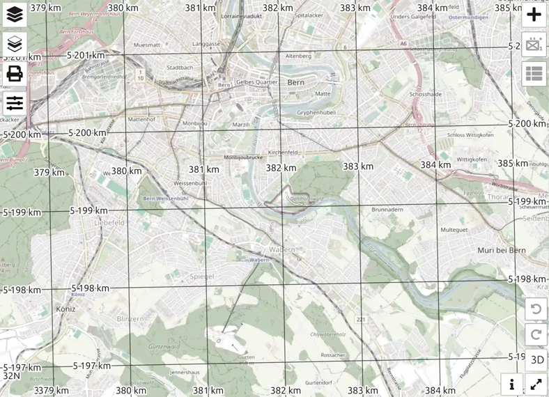 A UTM grid with km labels drawn over Bern at city zoom in map.army