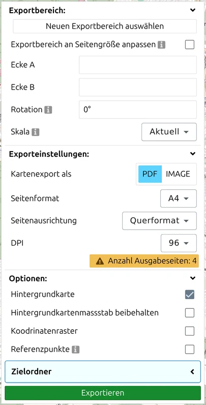 Export-Panel von map.army mit den Gruppen Exportbereich, Exporteinstellungen, Optionen und der Schaltfläche Exportieren
