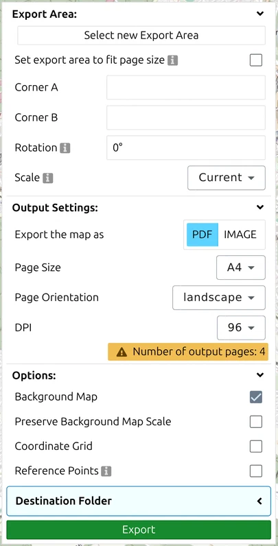 Print & Export panel in map.army with Export Area, Output Settings and Options expanded and the Export button below