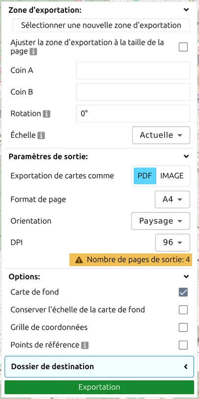 Panneau d'export de map.army avec les groupes Zone d'exportation, Paramètres de sortie, Options et le bouton Exportation