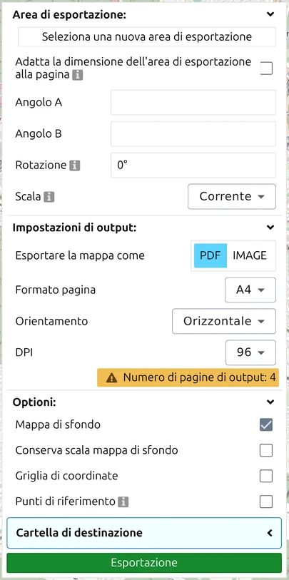 Pannello di esportazione di map.army: gruppi Area di esportazione, Impostazioni di output, Opzioni e pulsante Esporta