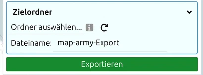 Felder 'Zielordner' und Dateiname mit der Schaltfläche Exportieren im Export-Panel von map.army