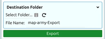'Destination Folder' and file name fields with the Export button in map.army