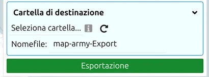 Campi 'Cartella di destinazione' e nome file con il pulsante Esporta nel pannello di map.army