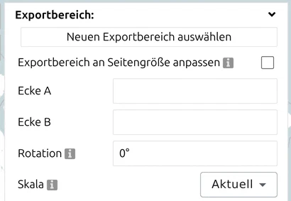 Gruppe 'Exportbereich' im Export-Panel von map.army mit Ecke A/B, Rotation und Skala