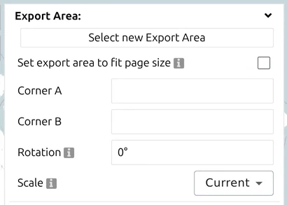 'Export Area' group of the Print & Export panel in map.army, with Corner A/B, Rotation and Scale