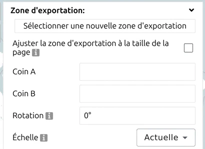 Groupe « Zone d'exportation » du panneau d'export de map.army, avec Coin A/B, Rotation et Échelle