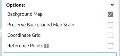 'Options' group in map.army's Print & Export panel: Background Map, Coordinate Grid, Reference Points
