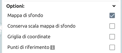 Gruppo 'Opzioni' nel pannello di esportazione di map.army: Mappa di sfondo, Griglia di coordinate, Punti di riferimento