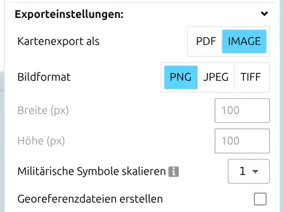 Gruppe 'Exporteinstellungen' im Export-Panel von map.army, eingestellt auf IMAGE, mit Breite, Höhe und Massstab der Symbole