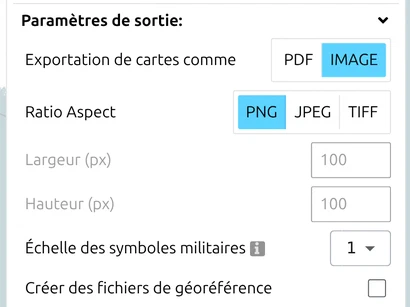 Groupe « Paramètres de sortie » de map.army réglé sur IMAGE : Format, Largeur, Hauteur, Échelle des symboles