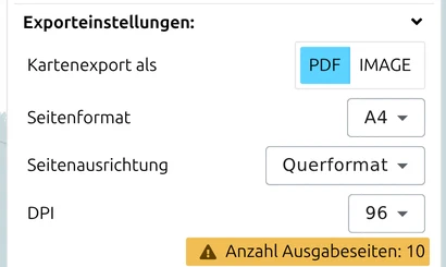 Gruppe 'Exporteinstellungen' im Export-Panel von map.army, eingestellt auf PDF, mit Seitenformat und DPI