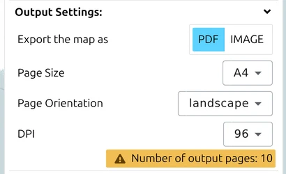 'Output Settings' group in map.army's Print & Export panel set to PDF, with Page Size and DPI