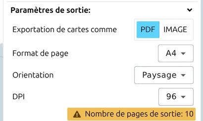 Groupe « Paramètres de sortie » du panneau d'export de map.army réglé sur PDF, avec Format de page et DPI
