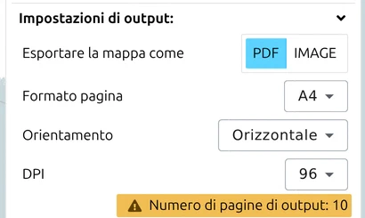 Gruppo 'Impostazioni di output' nel pannello di esportazione di map.army impostato su PDF, con Formato pagina e DPI