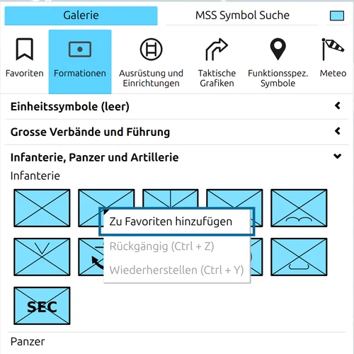 Kontextmenü eines Symbols in der map.army-Symbolgalerie, 'Zu Favoriten hinzufügen' hervorgehoben