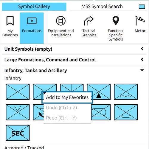 Right-click menu on a symbol in the map.army Symbol Gallery with 'Add to My Favorites' highlighted