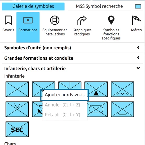 Menu contextuel d'un symbole dans la galerie de symboles map.army, 'Ajouter aux Favoris' mis en évidence