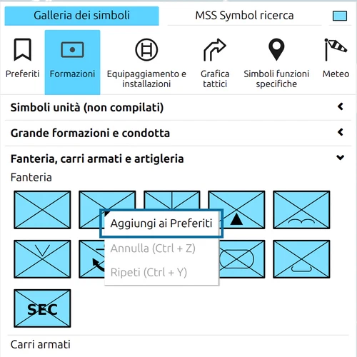 Menu contestuale di un simbolo nella galleria dei simboli map.army, 'Aggiungi ai Preferiti' evidenziato