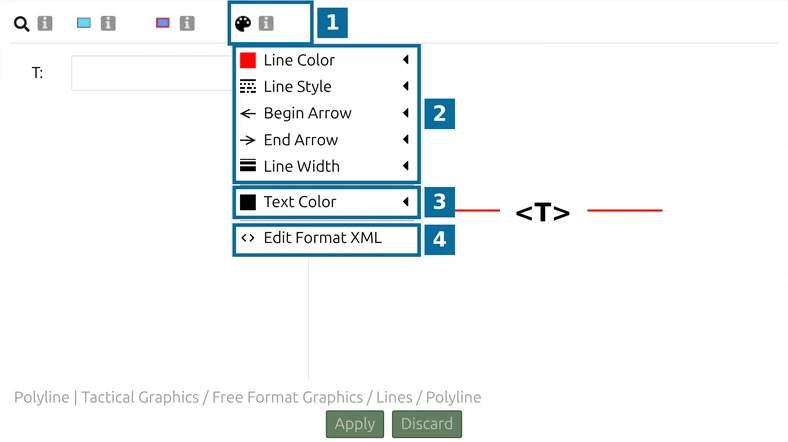 Free-Format Options of a generic line in map.army: palette (1), line settings (2), Text Color (3), Edit Format XML (4)