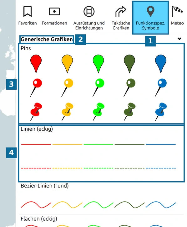 Generische Grafiken in der map.army-Galerie: Funktionsspez. Symbole (1), Generische Grafiken (2), Pins (3), Linien (4)
