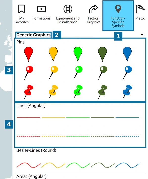 Generic Graphics in the map.army Symbol Gallery: Function-Specific Symbols (1), Generic Graphics (2), Pins (3), Lines (4)