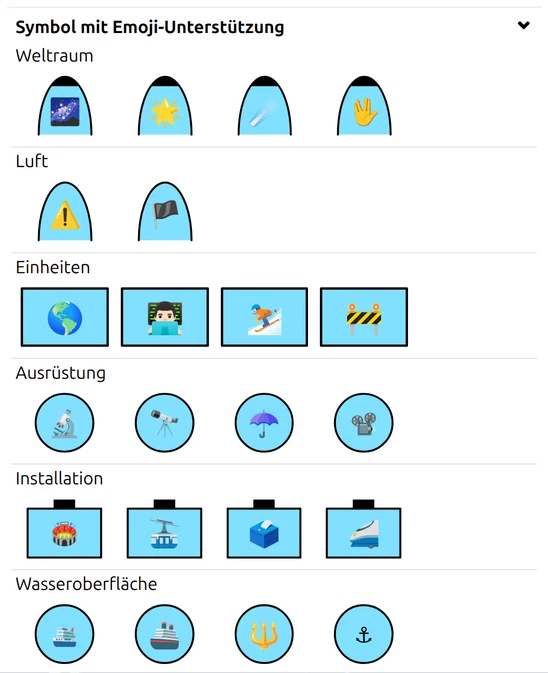 Galeriegruppe 'Symbol mit Emoji-Unterstützung': Weltraum, Luft, Einheiten, Ausrüstung, Installation, Wasseroberfläche