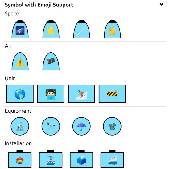 The 'Symbol with Emoji Support' group in the map.army Symbol Gallery: Space, Air, Unit, Equipment, Installation symbols