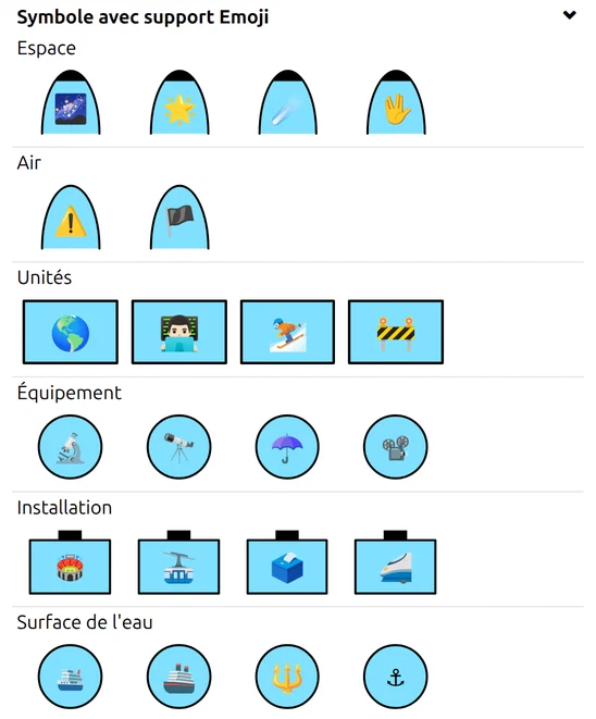 Groupe « Symbole avec support Emoji » de la galerie : symboles Espace, Air, Unités, Équipement, Installation, Eau