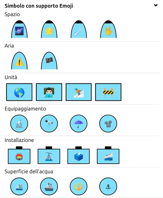 Gruppo «Simbolo con supporto Emoji» in map.army: simboli Spazio, Aria, Unità, Equipaggiamento, Installazione, Acqua