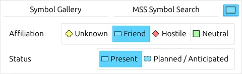 'Affiliation' and 'Status' options in the map.army Symbol Gallery, the MIL-STD-2525 identity and status codes