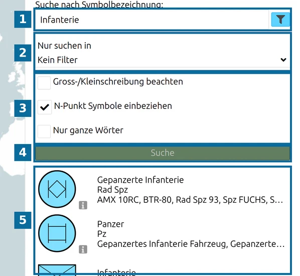 MSS-Symbolsuche in map.army: Suchfeld (1), Nur suchen in (2), Filteroptionen (3), Suche (4) und Ergebnisse (5)