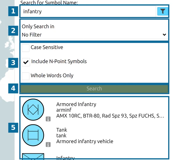 MSS Symbol Search in map.army: search field (1), Only Search in (2), filter options (3), Search (4) and the results (5)