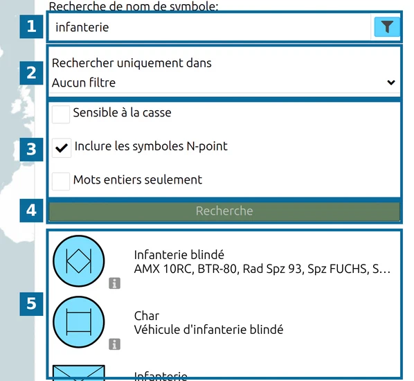 Recherche de symboles MSS : champ (1), Rechercher uniquement dans (2), options (3), Recherche (4) et résultats (5)