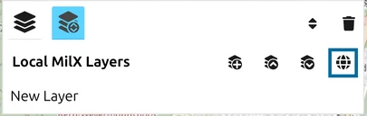 Layer-Manager toolbar in map.army under 'Local MilX Layers' with the fourth icon, the globe for other formats, circled