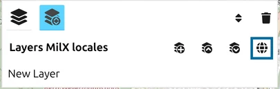 Gestionnaire des layers de map.army, « Layers MilX locaux » : la quatrième icône, le globe (autres formats), est entourée