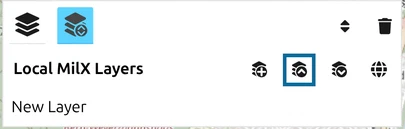 Layer-Manager toolbar in map.army under 'Local MilX Layers' with the second icon, Load MilX, circled