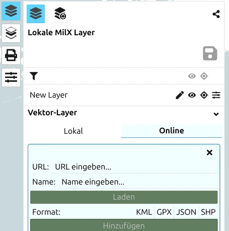 Reiter 'Online' im Vektor-Layer-Panel von map.army mit den Feldern URL, Name, Laden und Format