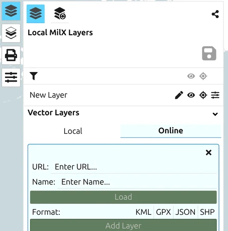 Online tab of map.army's Vector Layers panel with URL, Name, Load and Format fields for adding an online-source layer