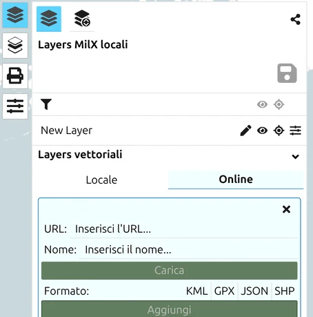 Scheda 'Online' del pannello Layers vettoriali di map.army con i campi URL, Nome, Carica e Formato