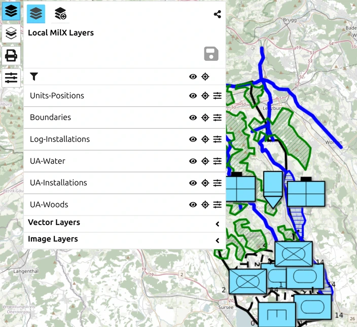 map.army Layer Manager listing multiple MilX layers with military symbols, ready to select for KML export