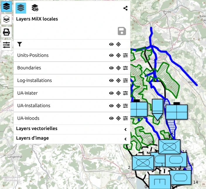 Layer-Manager de map.army listant des calques MilX avec symboles militaires, prêts pour l'export KML