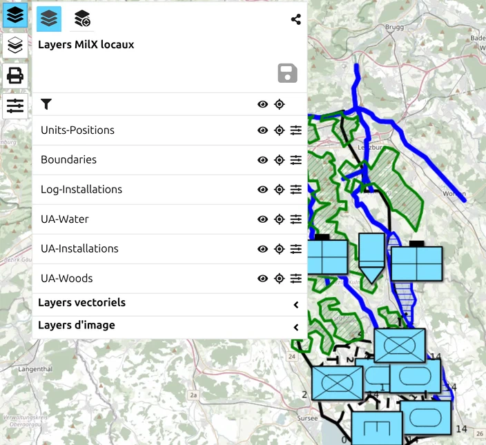 Gestionnaire des layers de map.army listant des calques MilX avec symboles militaires, prêts pour l'export KML