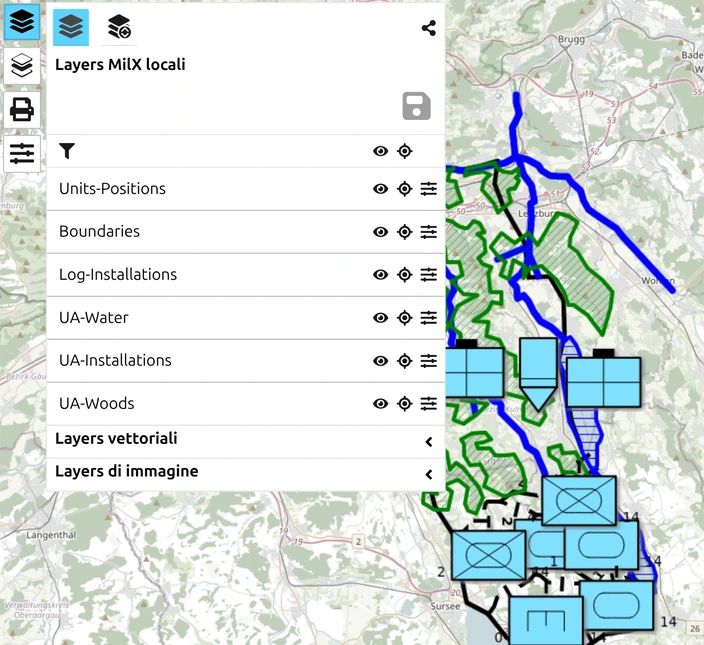 Layer-Manager di map.army con più livelli MilX e simboli militari, pronti per la selezione all'esportazione KML