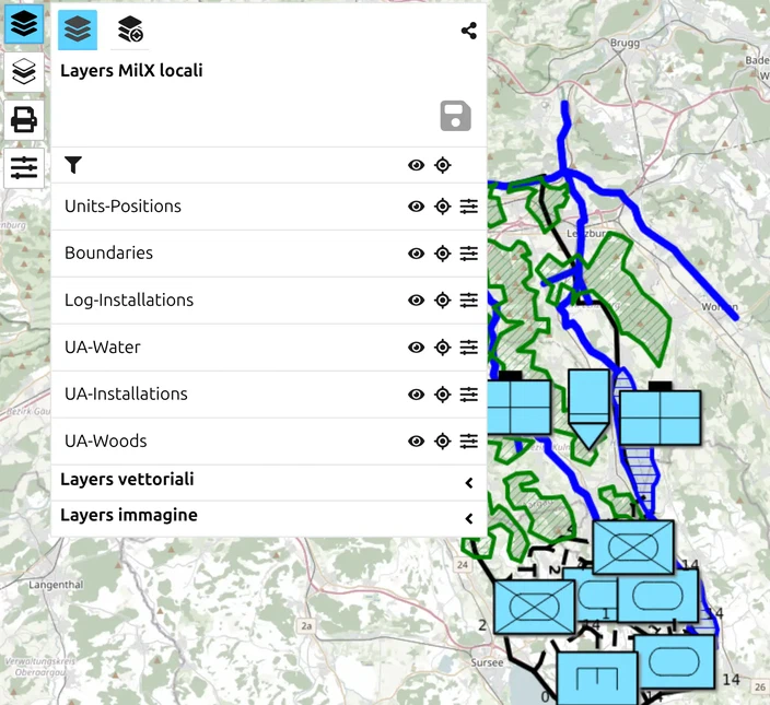 Gestore dei layer di map.army con più layer MilX e simboli militari, pronti per la selezione all'esportazione KML